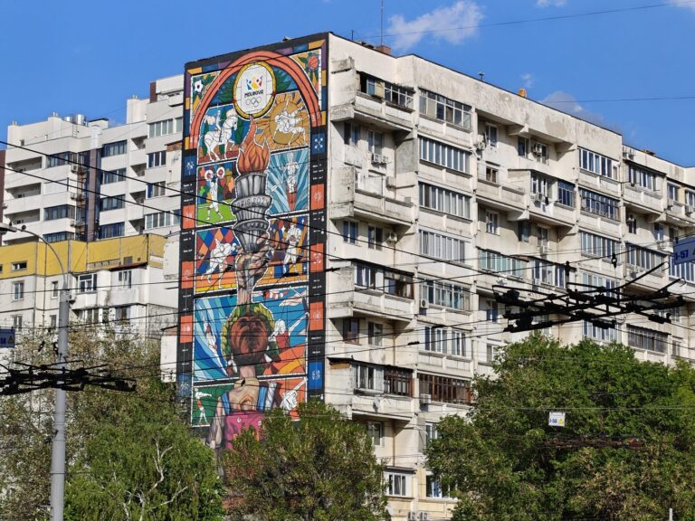 Large Olympic mural on an apartment block in Chisinau, Moldova