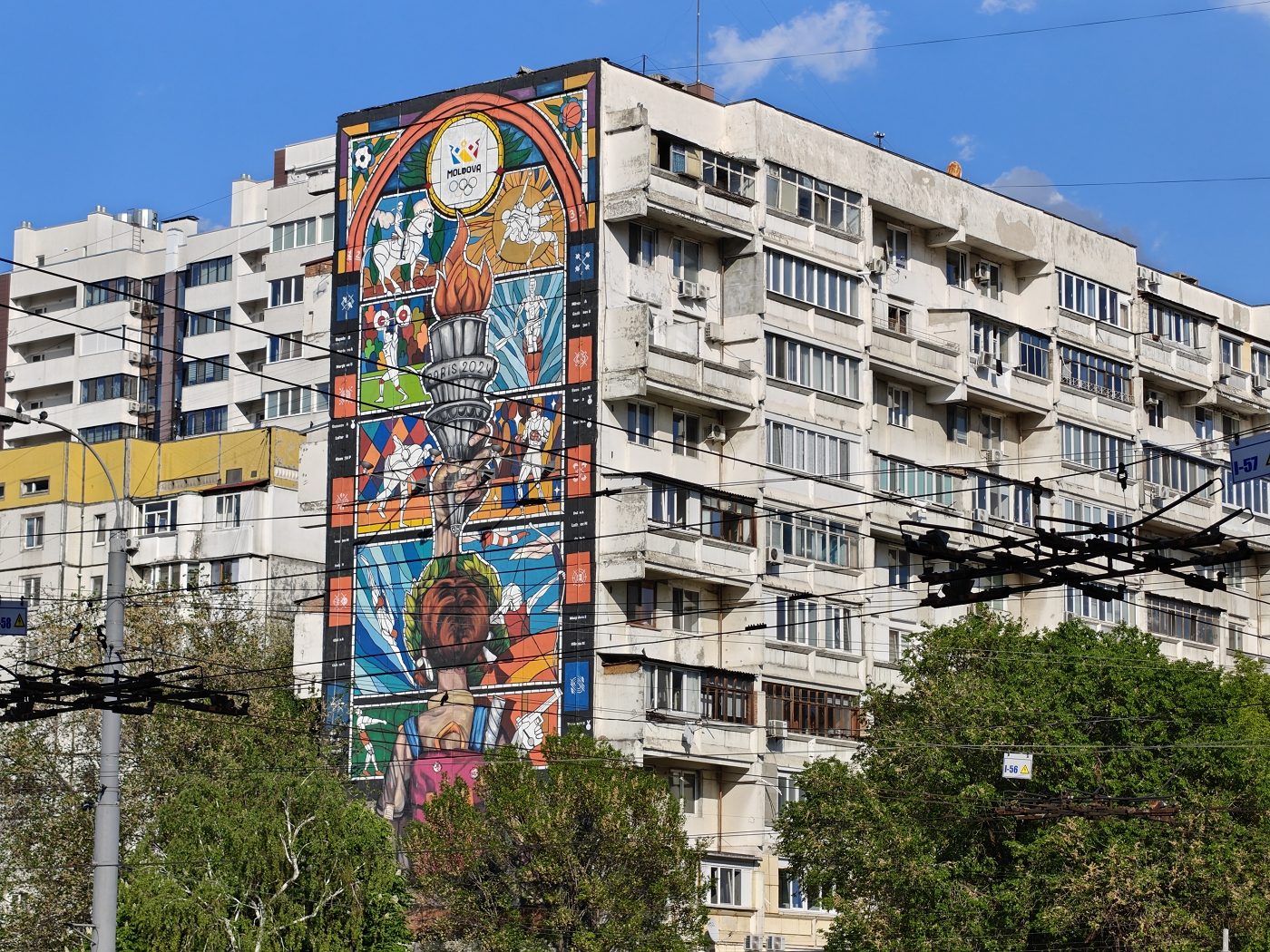 Large Olympic mural on an apartment block in Chisinau, Moldova
