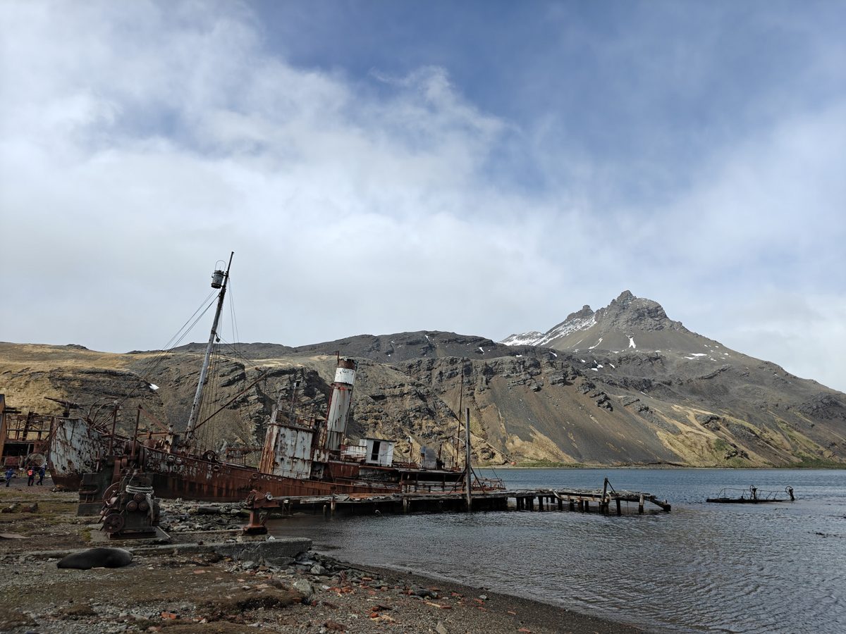 Rusting whaling ship wreck on the shore at Grytviken, South Georgia