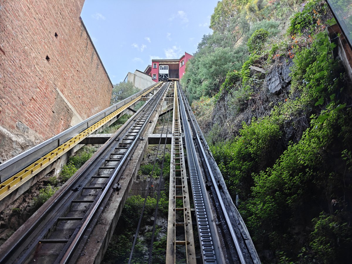 Funicular railway track climbing a steep hillside in Valparaiso
